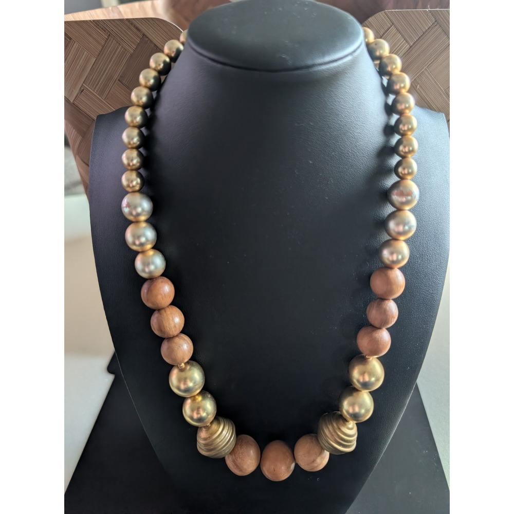 DAUPLAISE Chunky Wood Gold Tone Beaded‎ Necklace Statement